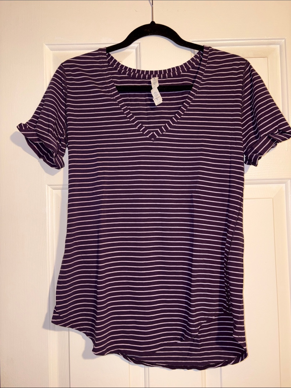Striped V-Neck Short Sleeve Top - Purple